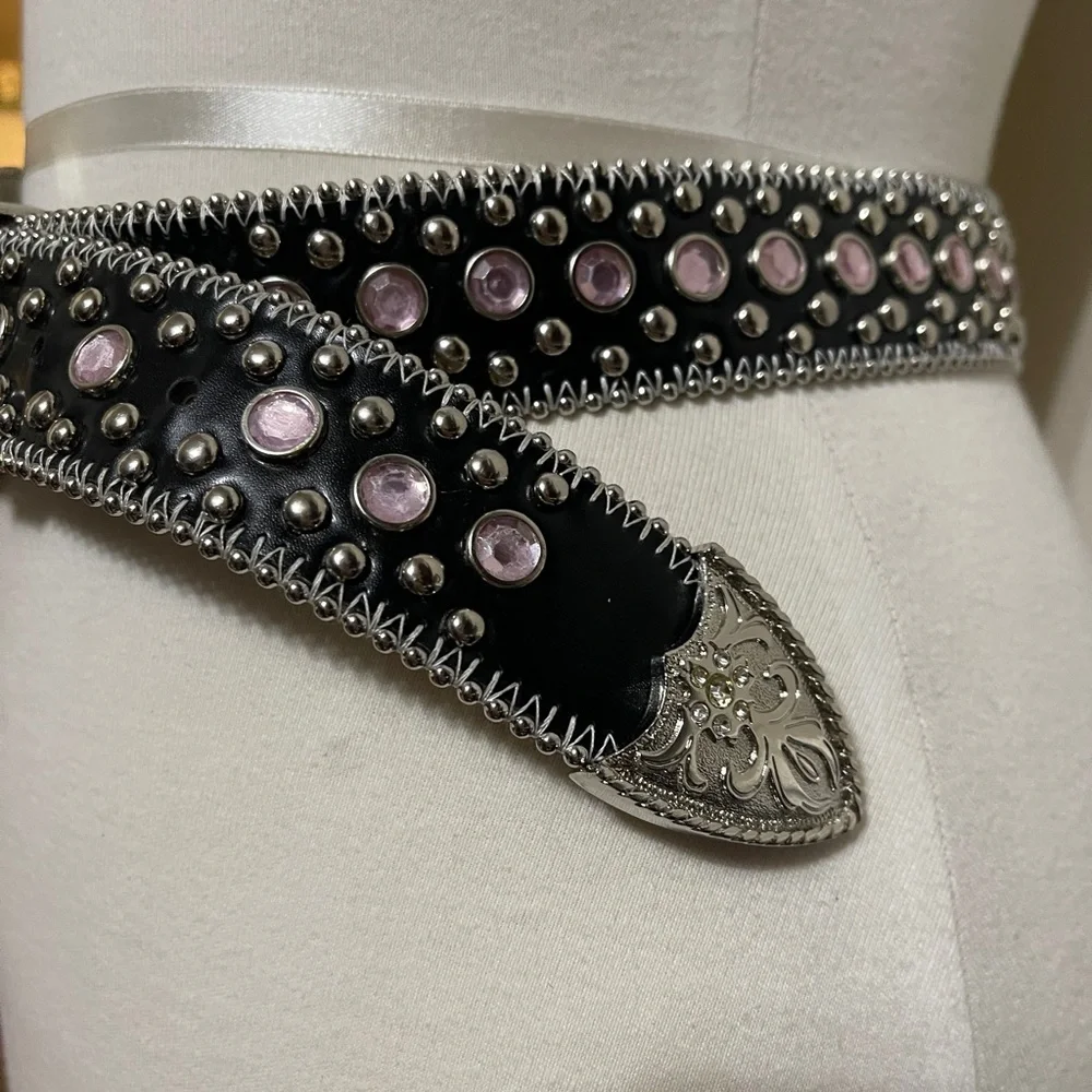Leather Studded Black Western Belt with Pink Gem Accents
